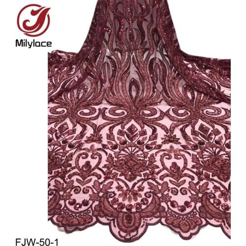 High End Design Sequins Embroidery with Beaded Bridal Lace Fabric French Lace Fabric 5 Yards Per Lot Mesh Tulle Lace FJW-50