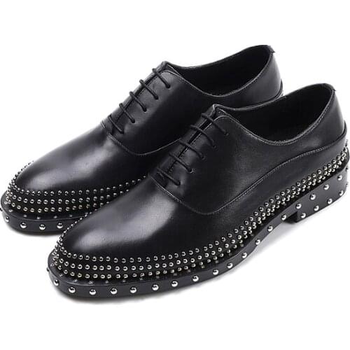 New Spring rivet Black Casual shoes Slip on Loafers Genuine Leather Goodyear Round Toe Party Dress Shoes Fashion Men Shoe