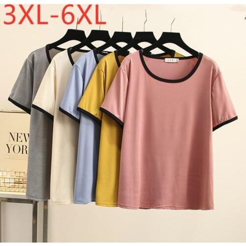 New 2021 Ladies Summer Plus Size Tops For Women Large Short Sleeve Loose Cotton Pink Yellow O-neck T-shirt 3XL 4XL 5XL 6XL