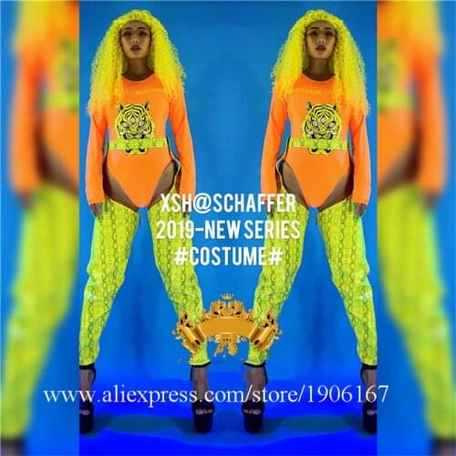 New Design Sexy Lady Ballroom DS DJ Costumes With Glasses Halloween Yellow Wigs Stage Dance Suit Clothes Party Bar Girl Outfit