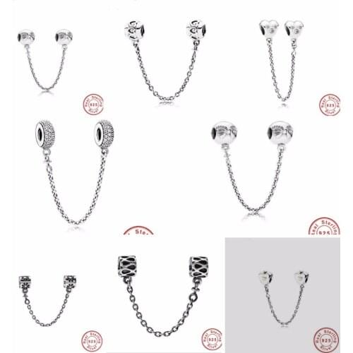 Fine jewelry Authentic 925 Sterling Silver Bead Charm Pave Inspiration Crystal Safety Chain Beads Fit Original for Girl Gift