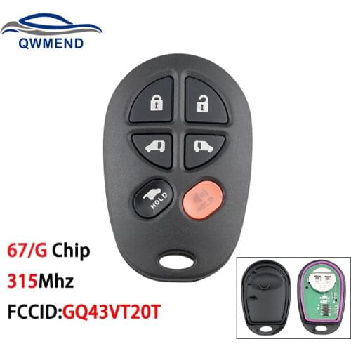 BHKEY GQ43VT20T 6 Buttons for Toyota Key 67/G Chip Car Remote Key for Toyota Sienna 2004-2010 315Mhz Smart Car Key