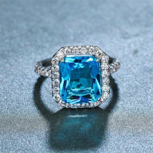 Luxury Female Aqua Blue Crystal Ring Vintage Square Wedding Rings For Women Charm Bridal Zirconia Big Engagement Ring