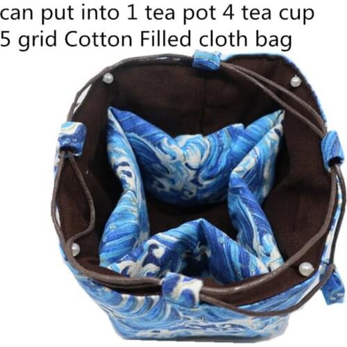 Cotton Filled 5 Grid Tea Set Travel Storage Pouch Bag Cotton Linen Square Bottom 1 Pot 4 Small Cup Drawstring Packaging Pocket