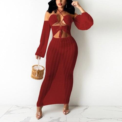 Sexy Transparent Long Dress Bodycon for Womens Halter Slash Neck Backless Evening Night Club Wear Vestidos Mujer Dress Hot 2021