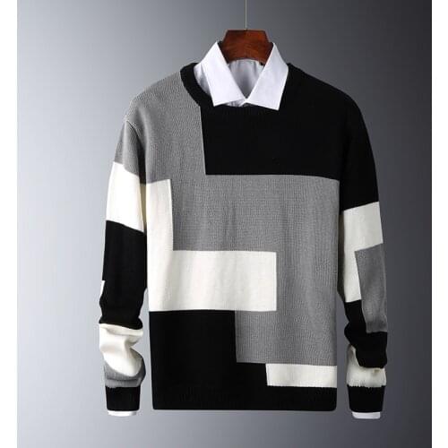 Mens Slim Sweaters Cotton Long Sleeve Round Collar Male Warm Pullovers Mens Casual Sweater Fit Knitted Patchwork Color 2020 New