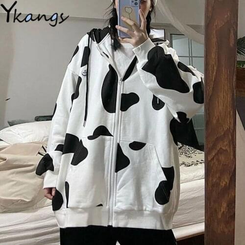 Y2k Fashion Cow Print Hooded Drawstring Jacket Korean All-match Zipper Women Sports Top Campus Style Loose Ladies Knit Cardigan