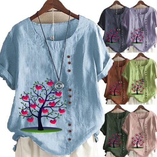 Womens New Fashion Summer Heart Tree Printed Round Neck Short Sleeve T-shirt Casual Loose Solid Color Blouse Tops Plus Size