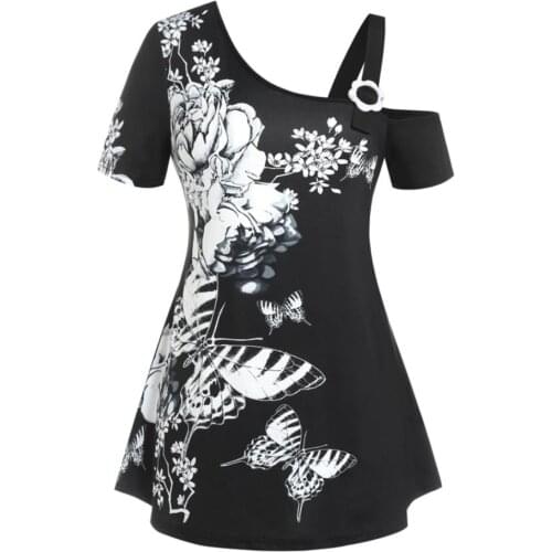 6XL Plus Size Summer Woman T-Shirt Loose Short Sleeve Floral Print Tshirts Female Fat One Shoulder Clothing Large Size Tops
