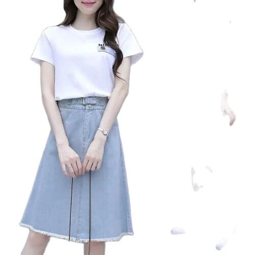 2021Women Piece Sets Suit Summer T-shirts & Denim skirt 2 Pieces Sets Woman Casual elegant Two Piece Sets Suit Large Size Sets