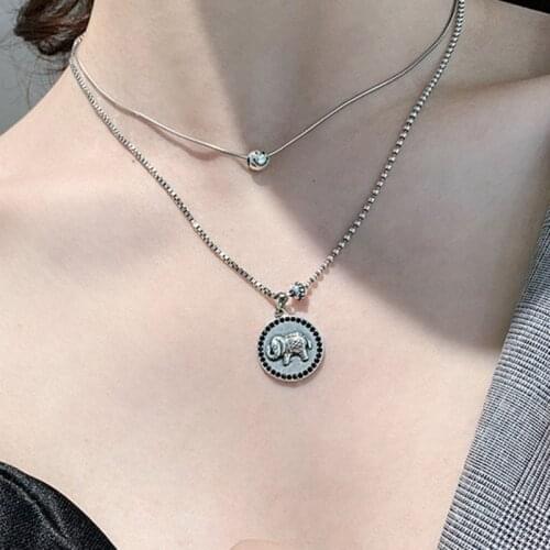 Evimi 925 Sterling Silver Necklace for Women New Trend Vintage Creative Cute Elephant Splicing Chain Black Zircon Jewelry Gift