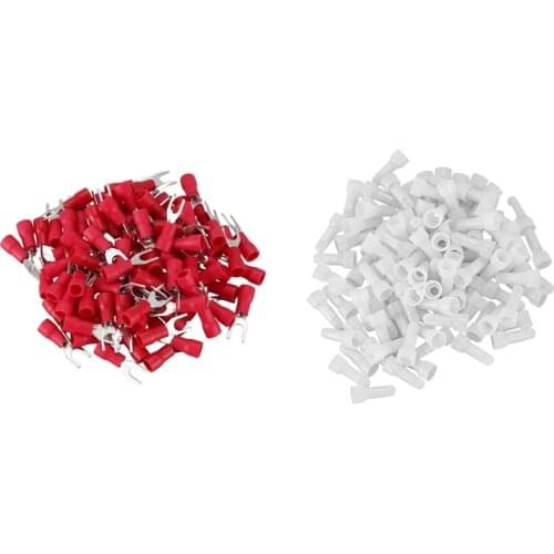 100 Pcs 4mm Fork AWG 22-16 Pre Insulated Terminal Cable Lug & 100Pcs 22-16 GA AWG Closed End Crimp Caps (White)