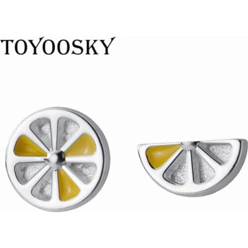 100% 925 Sterling Silver Yellow Enamel Lemon Asymmetric Stud Earrings For Women Girl Wholesale Jewelry Newest Birthday Gift