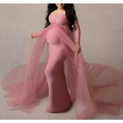 2021 Summer Maternity Tulle Long Dresses Baby Shower Cotton Dress Stretchy Pregnancy Photography Dress Long Sleeve Clothing M L