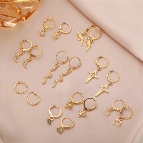 9 Pairs/Set Vintage Gold Animal Drop Earrings Set For Women New Snake Bird Butterfly Moon Star Cross Crystal Earring Jewelry