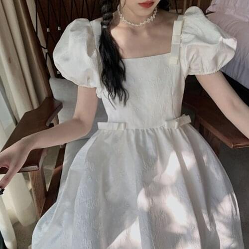 White Elegant Princess Dress Women Bow Kawaii Sweet Korean Party Dress Female Japanese Fairy Cute Puff Sleeve Dress 2021 Summer