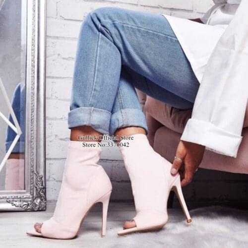 Fashion Peep Toe Pink Lycra Ankle Boots Stiletto Heel Stretch Sock Boots Slip on Fashion Dress Shoes Cut-out Celebrating Pumps