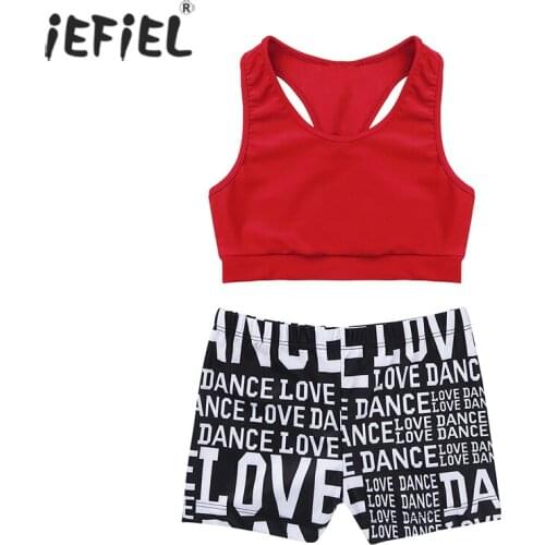 Kids Girl Clothes Set Sleeveless Ballet Dance Vest Sport Tanks Crop Top+Letter Print Bottoms Shorts Workout Dancewear Gym Outfit