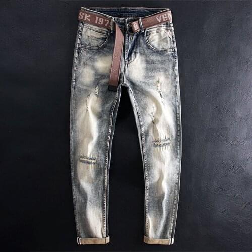 Newly Street Style Fashion Men Jeans Retro Elastic Slim Fit Ripped Jeans Men Embroidery Designer Hip Hop Destroyed Denim Pants