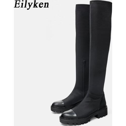 Eilyken Autumn Winter Black Over The Knee Boots Women Shoes Square Low Heel Slim Stretch Long Sock Thigh High Boots Lady Pumps