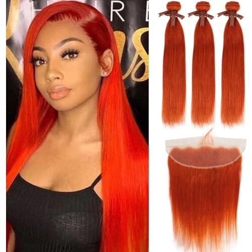 Sleek Orange Brazilian Bundles With Frontal Straight Lace Frontal With Bundles 8-28 Remy Human Hair Weave 3 Bundles With Closure
