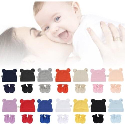 Baby Infants Anti Scratching Cotton Gloves+Ears Hat Set Newborn Mittens Beanies Cap Kit