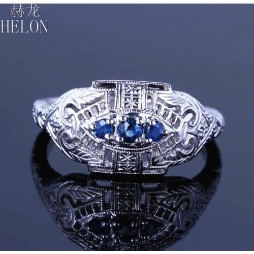 HELON Gemstone ring Solid 14K White Gold Prong Genuine Sapphire Engagement Flawless Vintage Fine Jewelry Wedding Women Ring