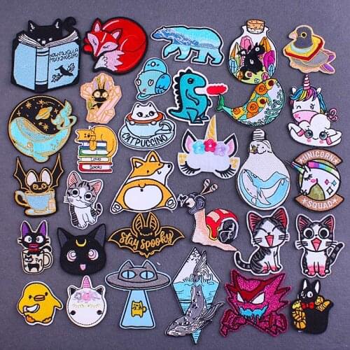 Cat And Dog Patches For Clothing Cartoon Animal Iron On Patches For Clothing Unicrn Fox Pacth Animal Embroidered Applique Badge