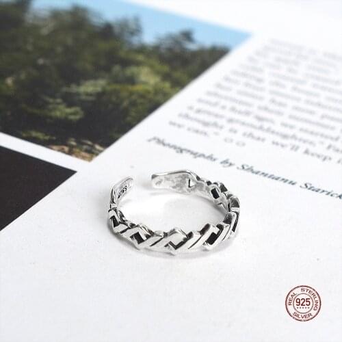 LKO Simple Vintage Geometry Block-Shape Weave Finger Ring 925 Sterling Silver For Women Chic Jewelry Ring Ornaments Adjustable