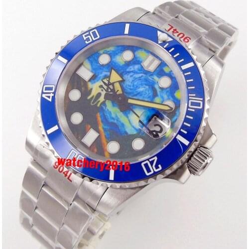 40mm Blue Face Mens Automatic Watch Japan NH35 Movement Sapphire 904L Bracelet Glide Lock Buckle Date Cyclops Ceramic Insert
