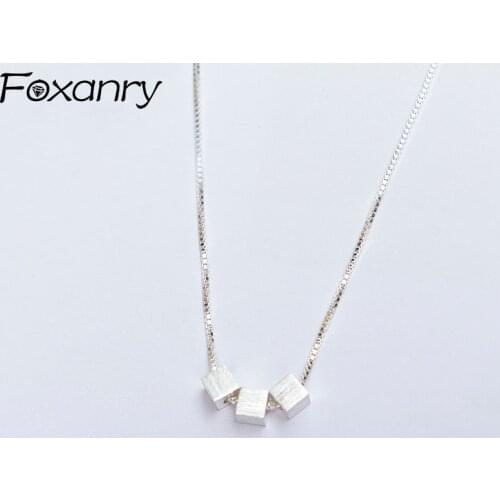Foxanry 925 Sterling Silver Necklace INS Fashion Charm Elegant Simple Three Silver Square Block Pendant Party Jewelry Girls Gift