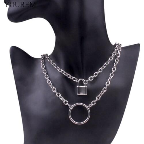 Stainless steel padlock necklace for women punk cool round circle necklace for men lock jewelry accessories width 6mm chain