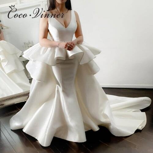 Quality Satin Wedding Dresses 2 IN 1 Design Mermaid Wedding Dress With Detachable Train Simple Elegant Europe Bridal Gown W0720