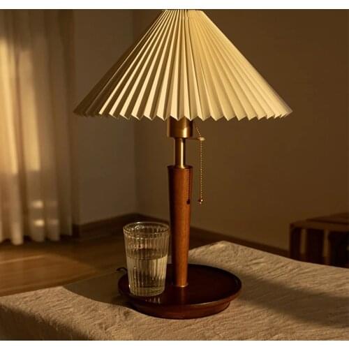 Nordic retro table lamp Pleated light Medieval Bedside lamp Living Room college dorm desk Decor study lamp Wood baseus lights
