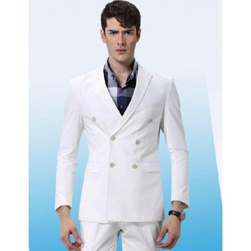 Double-Breasted Groomsmen Peak Lapel Groom Tuxedos White Mens Suits Wedding Best Man (Jacket+Pants+Tie+Hankerchief) B713