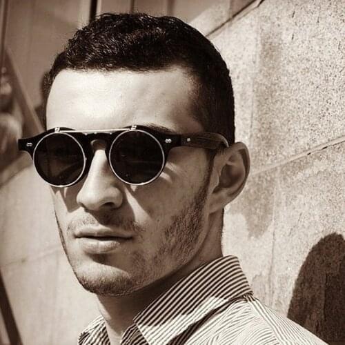 Sunglasses Men Women Brand Designer Sunglasses Retro Round Steampunk steam punk Metal Flip cover Fashion Sun glasses