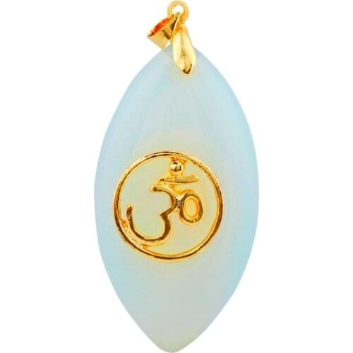 SUNYIK Oval Opalite Stone Om Aum Hindu Symbol Pendant Fit Necklace
