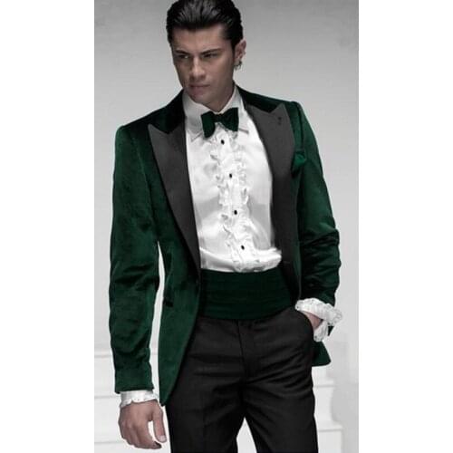 2021 Dark Green Velvet 2 Pieces Slim Fit Mens Suits Groomsmen Tuxedos Prom Velour Men Suit Wedding Groom Best Man (Jacket+Pants)