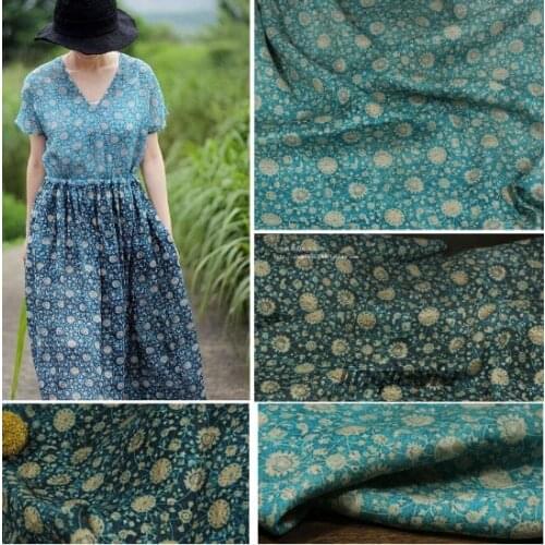 Light blue summer pure ramie printed clothing fabric, robe dress high-grade ramie fabric