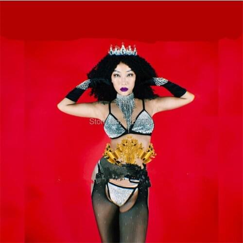 WYY Nightclub Female Sexy Rhinestone Bikini Dance Team Clothes Sexy Girl Stage Performance Ballroom Costumes With Crown
