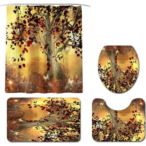 New creative shower curtain maple leaf print shower curtain mat four-piece bathroom mat set