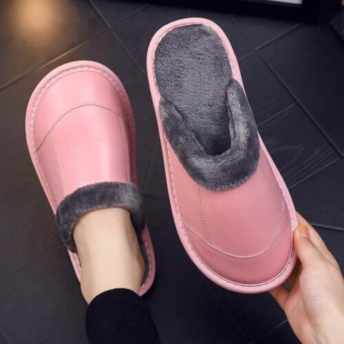 Women Winter Warm Faux Fur Indoor Slippers Men Genuine Leather Home Shoes Fashion Ladies Rose House Flats Home Sandals