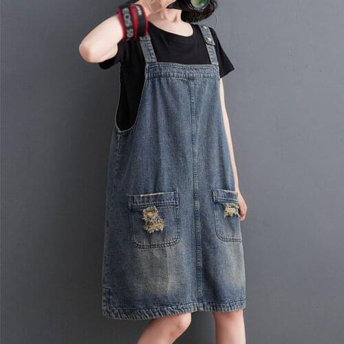 Summer Dresses Women Sleeveless Vintage Hole Denim Sundress Ladies Fashion Midi Dress Vestido De Mujer 2021