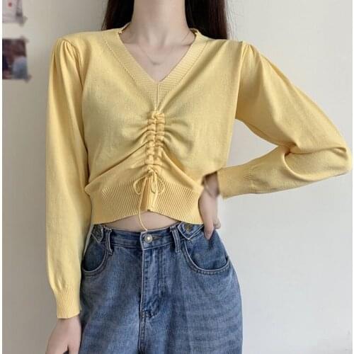 Women Sweaters Autumn Long Sleeve V-neck Drawstring Pleated Sweater Solid Color Thin Knit Pullover One Size