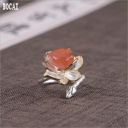 Real S925 solid silver female models fashion silver lotus floating gold inlaid south red lotus adjustable ring