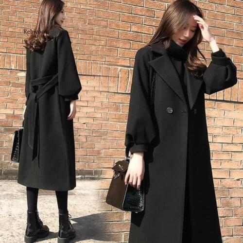 Women Elegant 4XL Wool Overcoat Long Bandage Woolen Coat Cardigan Loose Plus Size Long Woolen Coat Female Black Winter Coats