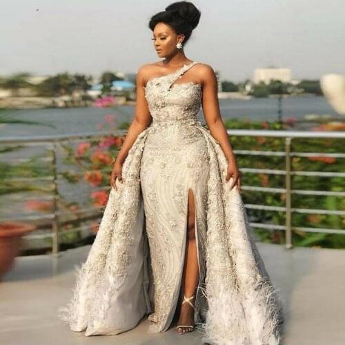 Plus Size Evening Dress Ostrich Appliques Aso Ebi Formal Dresses Removable Train vestido de festa Evening Dresses African