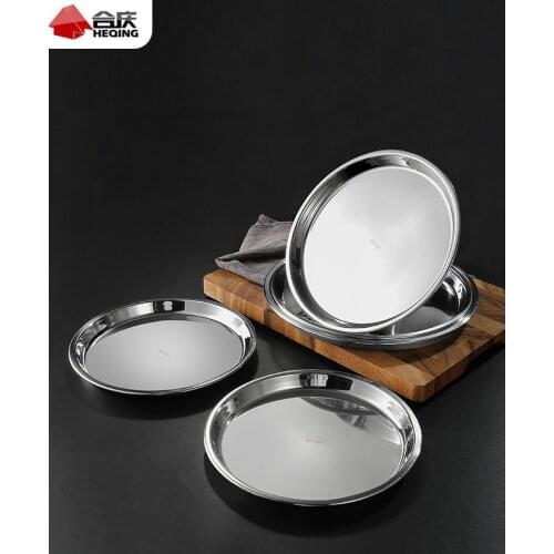 304 Stainless Steel Plate Disc Tableware Round Flat Plate Shallow Plate Flat Bottom Plate Home Thickened Shallow Dish Large Roun