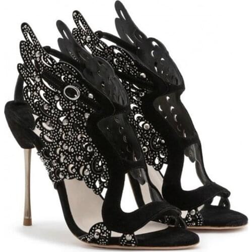 Sexy Women Bling Shiny Leather Carved Angle Wings Buckle Sandals High Heels Summer Female Glitter Crystal Drilled Stiletto Shoes
