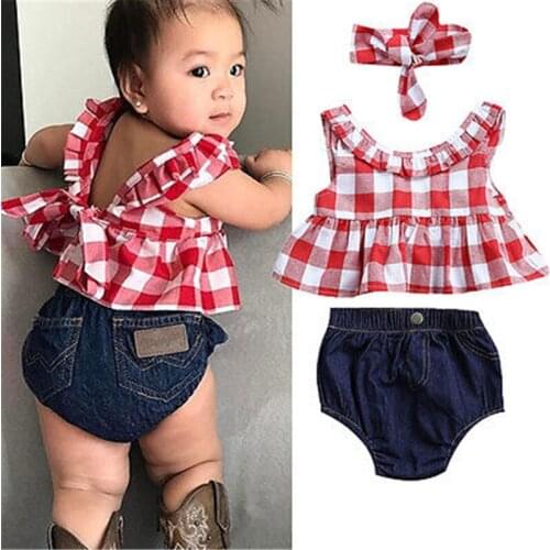 Emmababy Summer Baby Girl Outfits Clothes 3Pcs Set Fashion Comfort Tops+Denim Pants+Headband for Leisure Clothing Girls